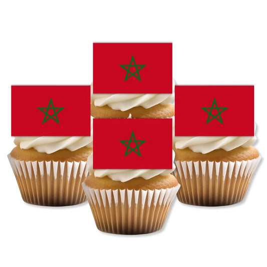 Morocco Flag Edible Cupcake Toppers on white frosted cupcakes