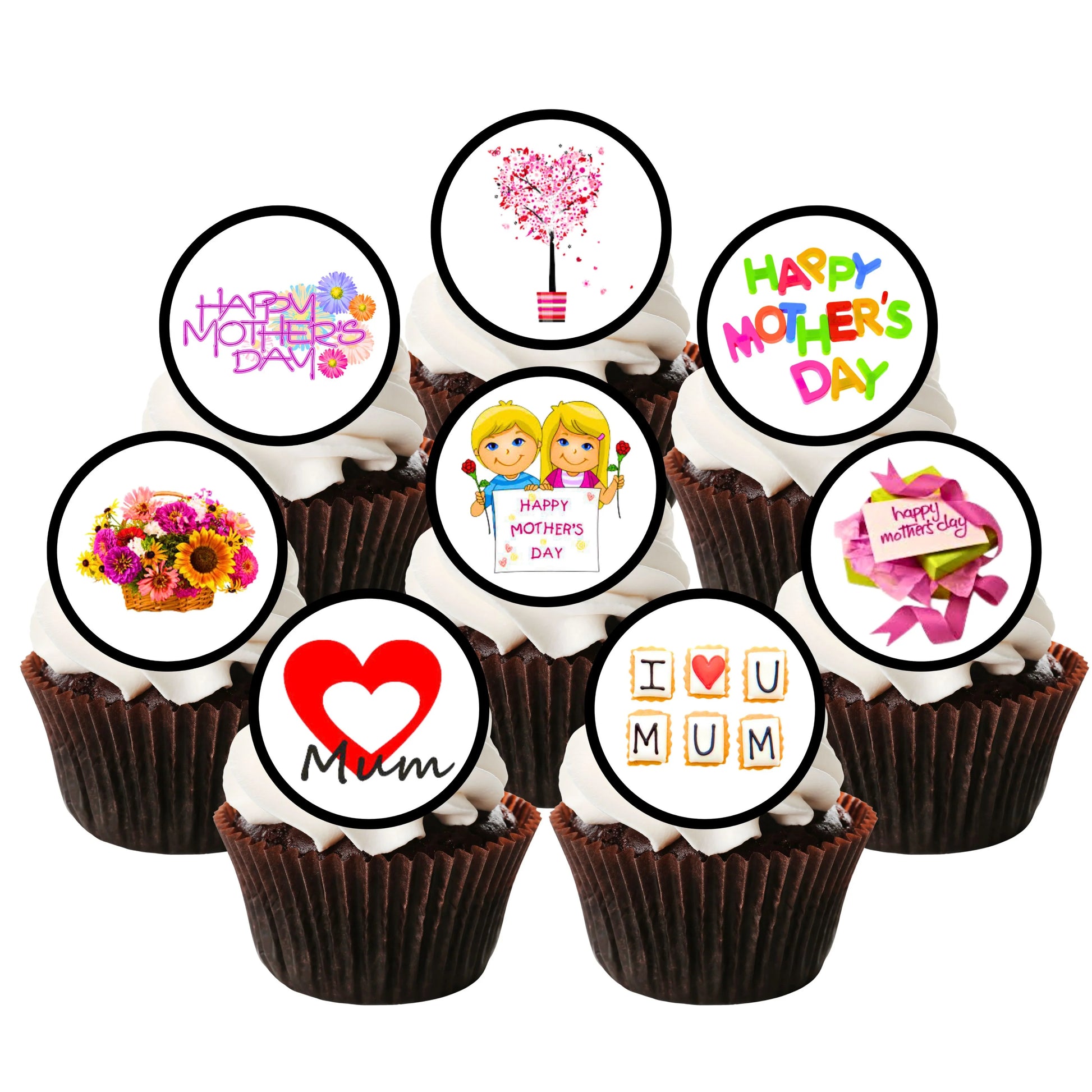 Mothers Day Floral Edible Cupcake Toppers on chocolate frosted cupcakes 