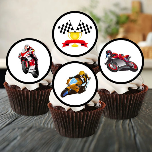 Motorbike Racing Theme Edible Cupcake Toppers on frosted cupcakes