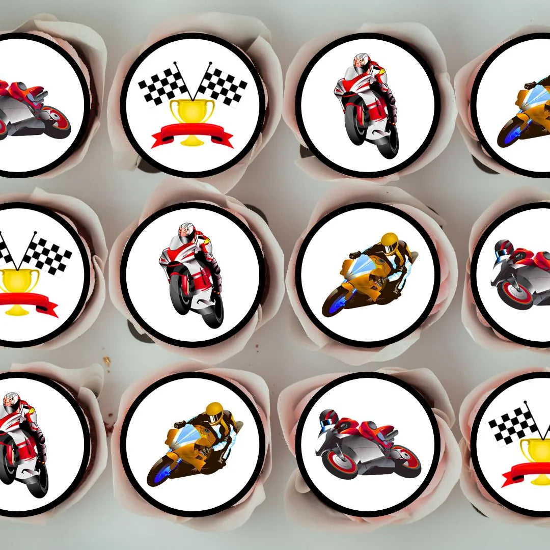 Motorbike Racing Theme Edible Cupcake Toppers on frosted cupcakes