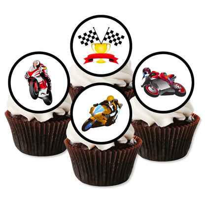 Motorbike Racing Theme Edible Cupcake Toppers on frosted cupcakes