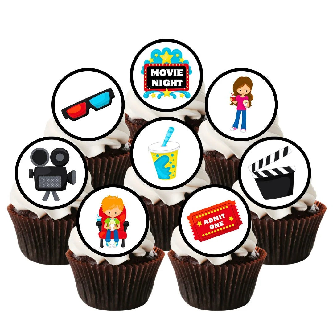 Movie Night Edible Cupcake Toppers on chocolate cupcakes with white frosting 