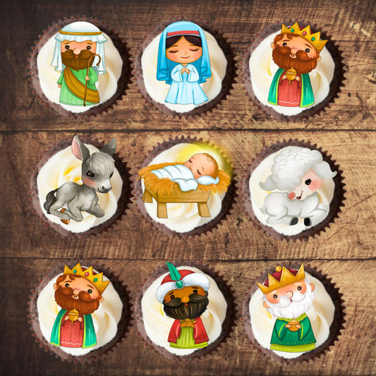 Christmas Nativity Cupcake Toppers on chocolate cupcakes with white frosting 