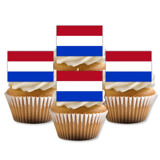 Netherlands Flag Edible Cupcake Toppers on white frosted cupcakes 