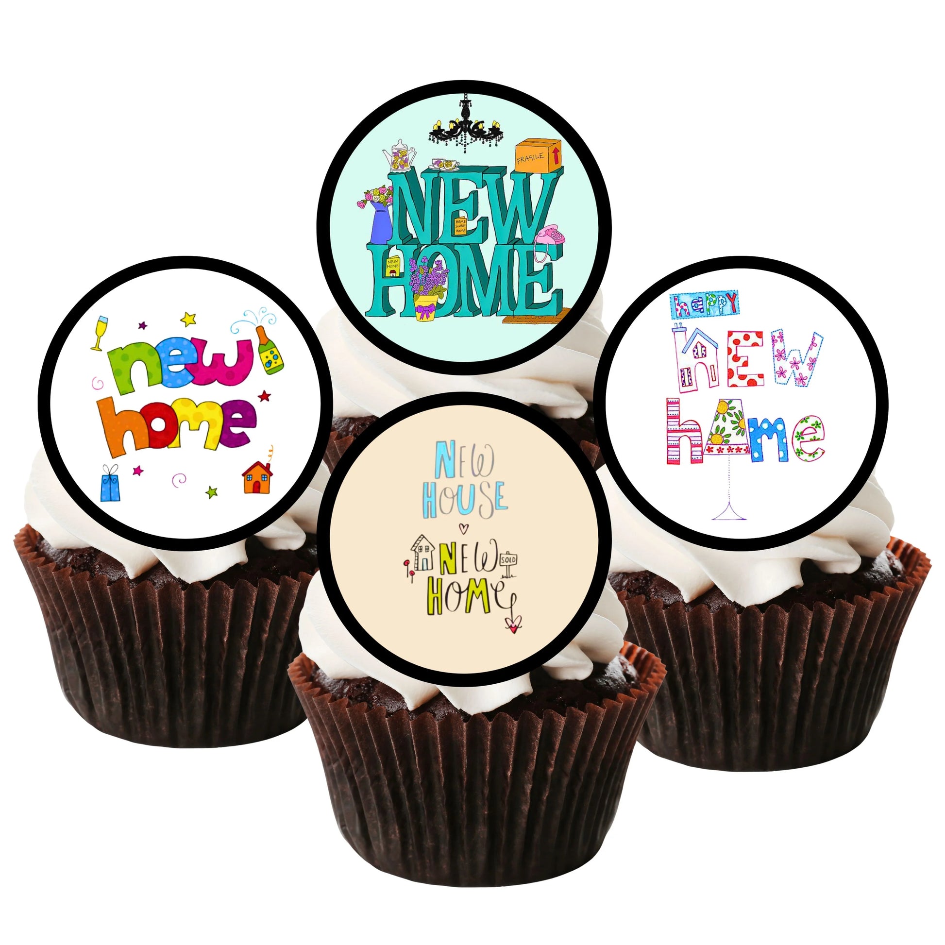 New Home Edible Cupcake Toppers on chocolate cupcakes with white frosting 