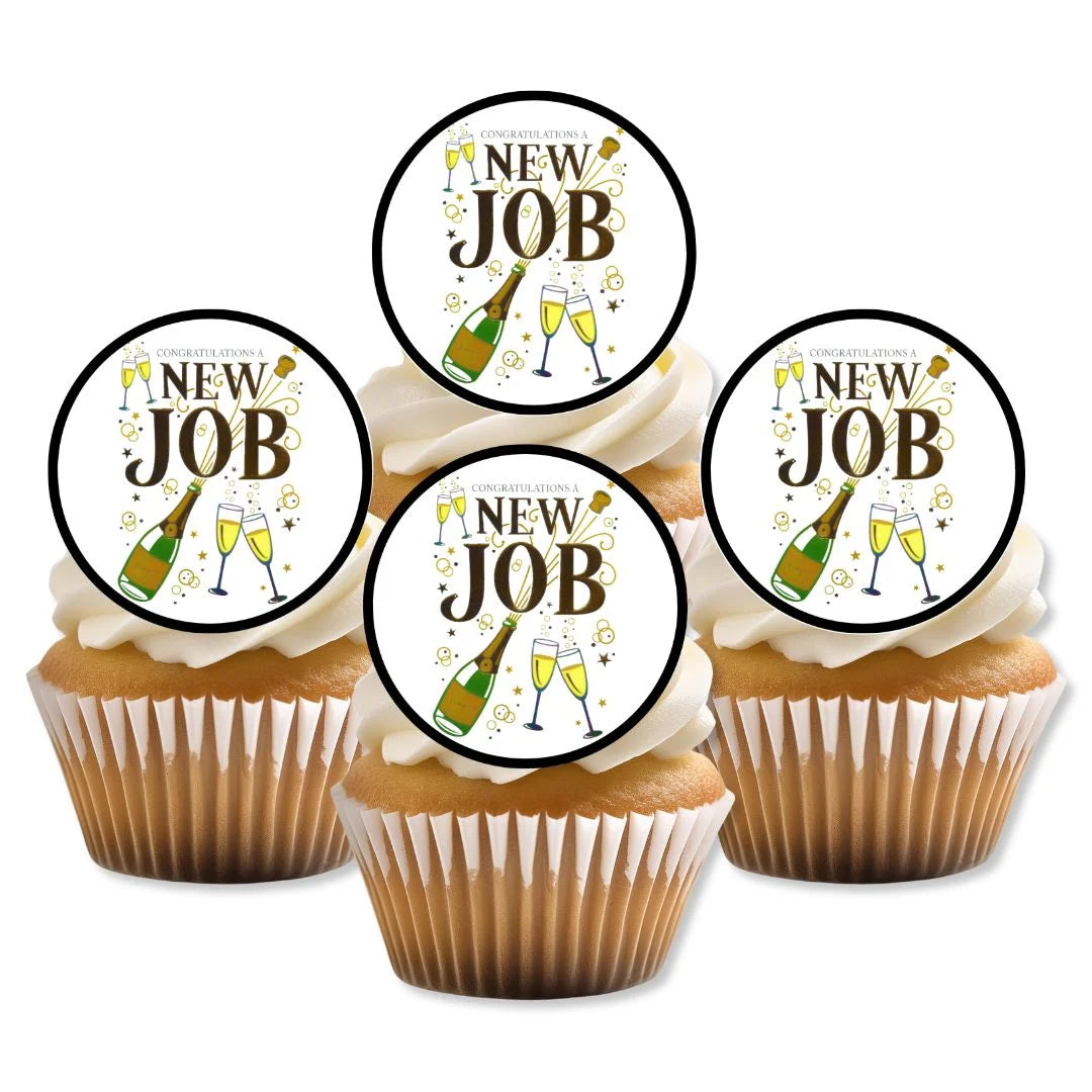 New Job Edible Cupcake Toppers on white frosted cupcakes 