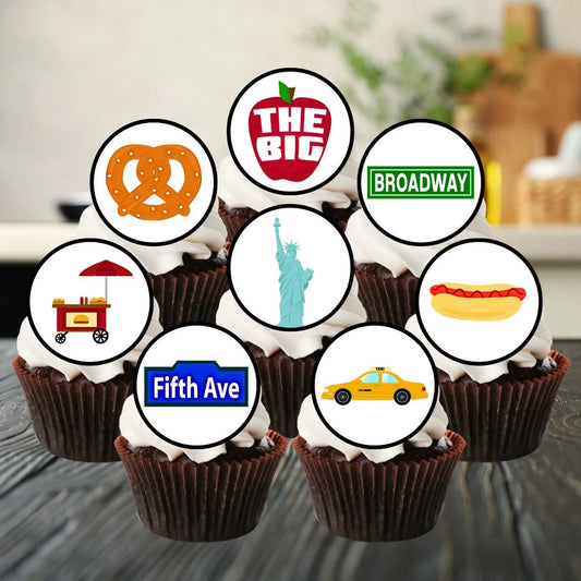 New York Edible Cupcake Toppers on chocolate cupcakes with white frosting 