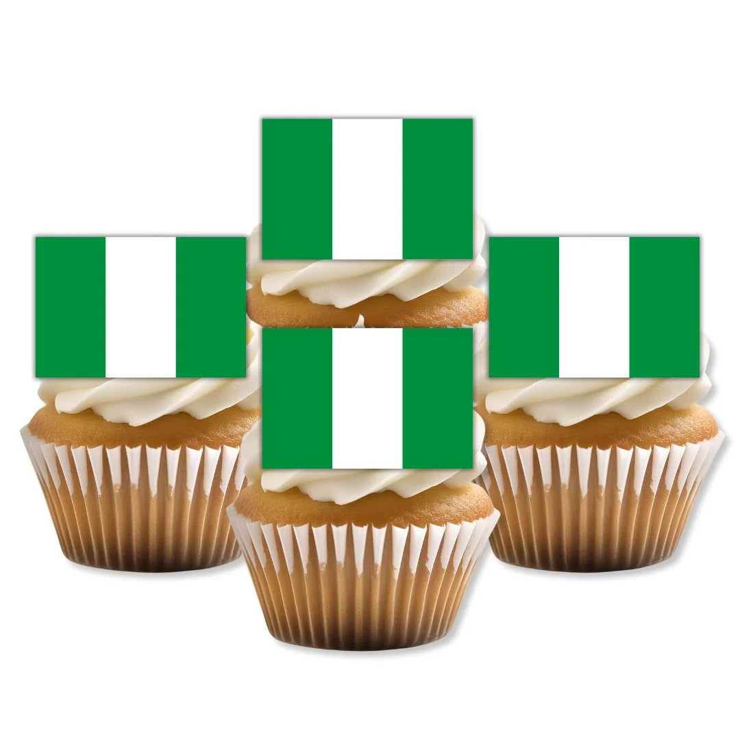 Nigeria Flag Edible Cupcake Toppers on white frosted cupcakes 