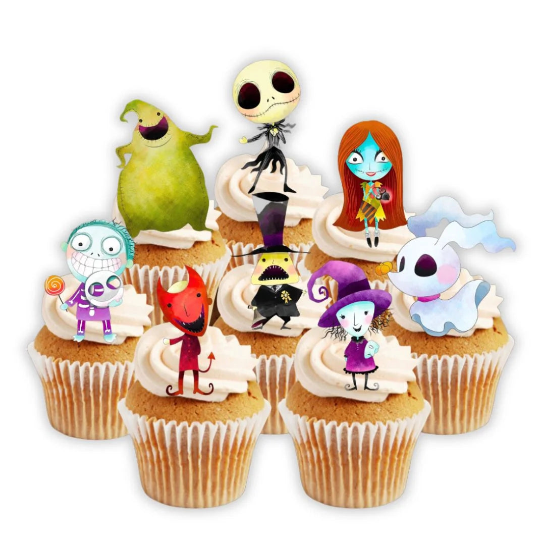 Nightmare Christmas Cupcake Toppers on white frosted cupcakes 