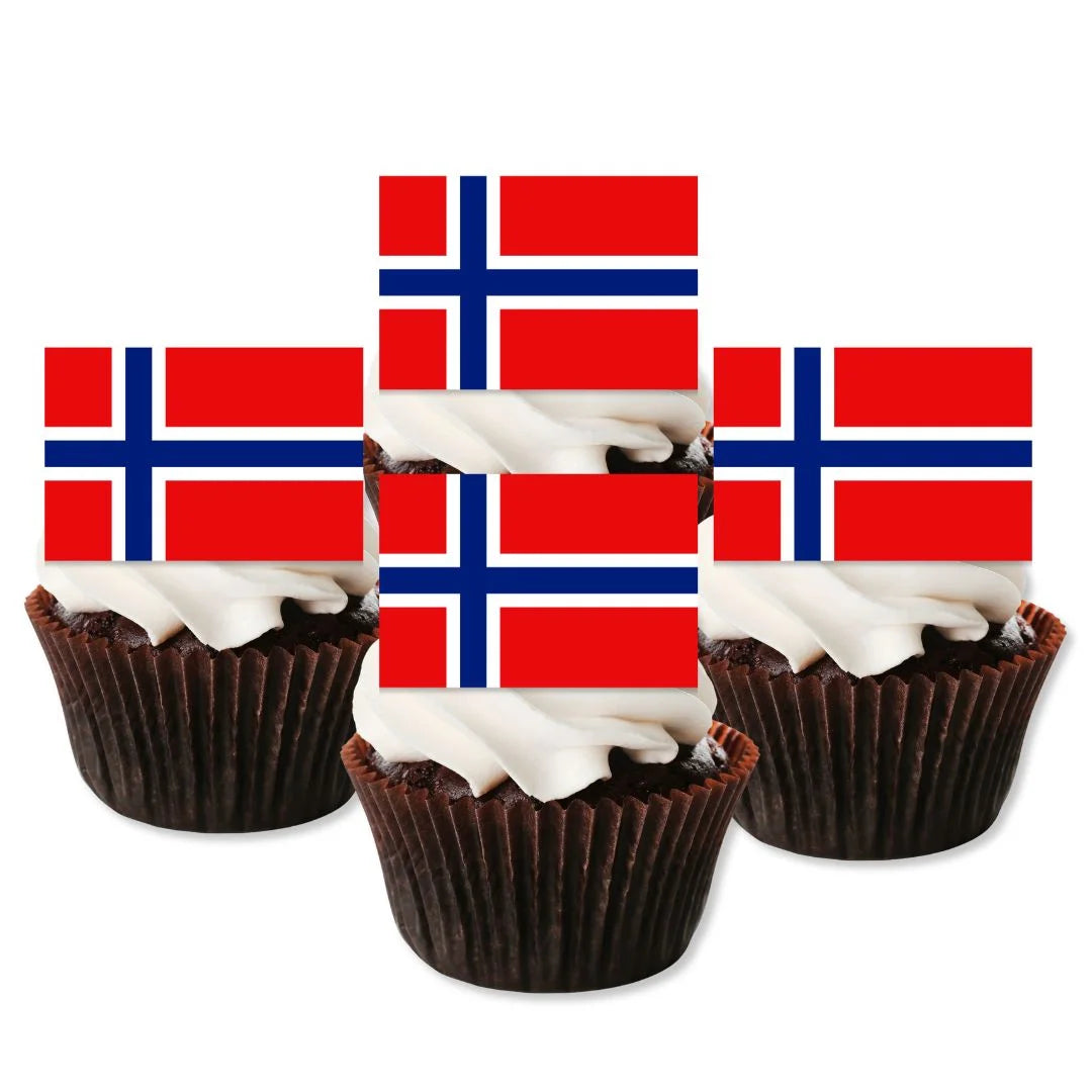 Norway Flag Edible Cupcake Toppers on chocolate cupcakes with white frosting 