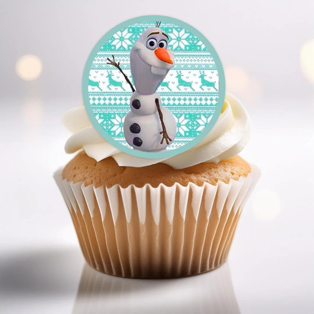 Frozen Olaf Edible Cupcake Toppers on white frosted cupcakes 