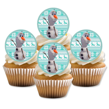 Frozen Olaf Edible Cupcake Toppers on white frosted cupcakes 