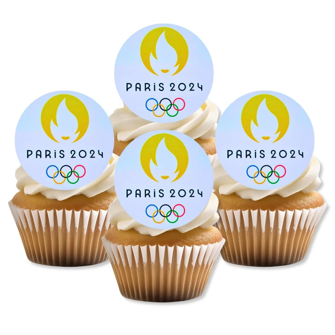 Olympics 2024 Edible Cupcake Toppers on cupcakes with white frosting 