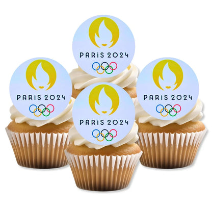 Olympics 2024 Edible Cupcake Toppers on cupcakes with white frosting 