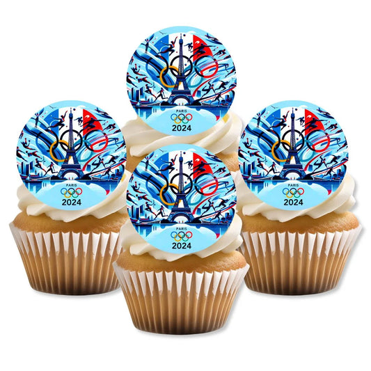 Olympics Theme Edible Cupcake Toppers on white frosted cupcakes 