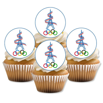 Paris Olympics Edible Cupcake Toppers on cupcakes with white frosting 