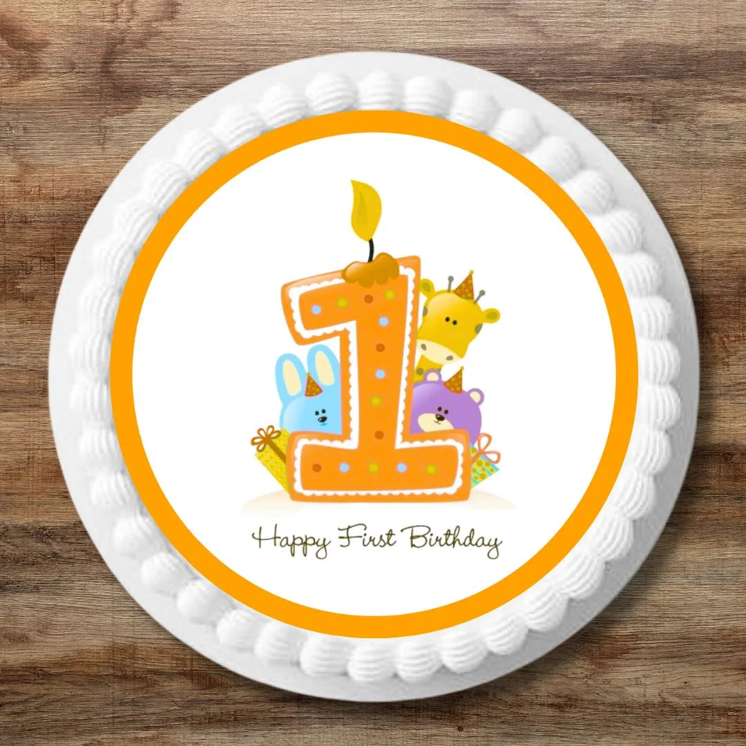 orange 1st birthday cake toppers with cute illustrated animals on top on a white iced cake 