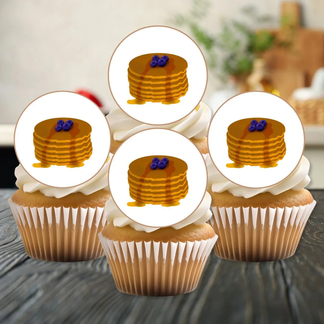 Pancakes Edible Cupcake Toppers on white frosted cupcakes 