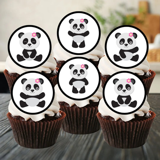 cute panda cupcake toppers featuring illustrated pandas with a flower detail. The cupcake toppers are on chocolate frosted cupcakes.