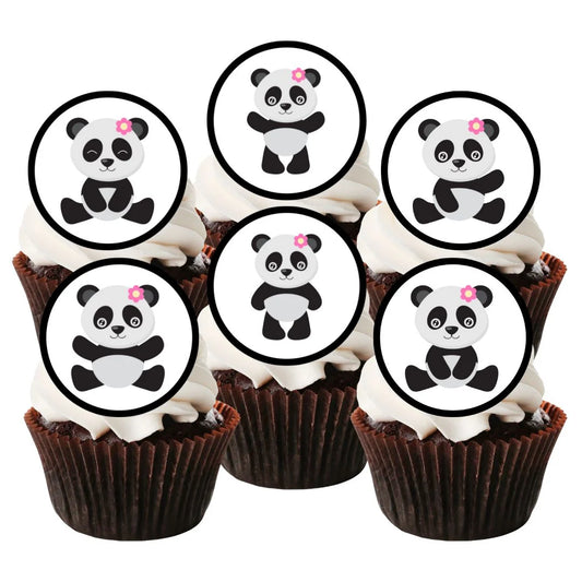 six chocolate cupcakes with white frosting topped with circular panda cupcake toppers