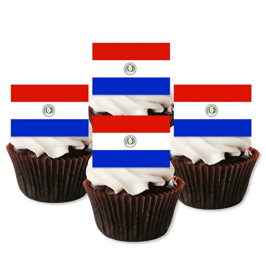 Paraguay Flag Edible Cupcake Toppers on cupcakes with white frosting