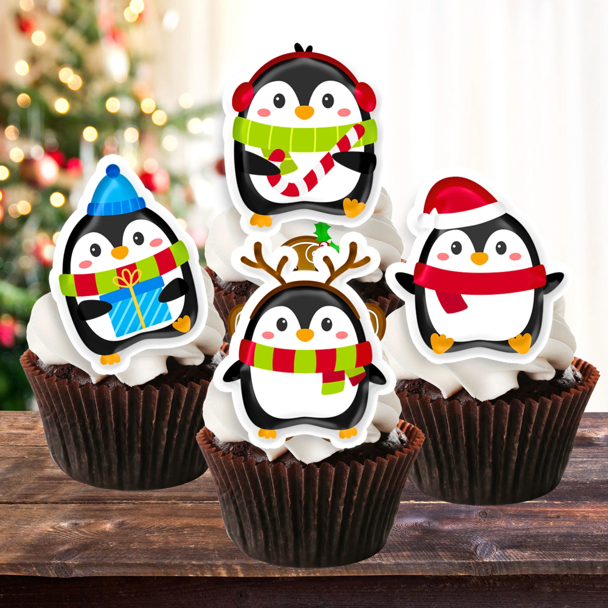 Cute Penguin Edible Cupcake Toppers on chocolate cupcakes with white frosting 