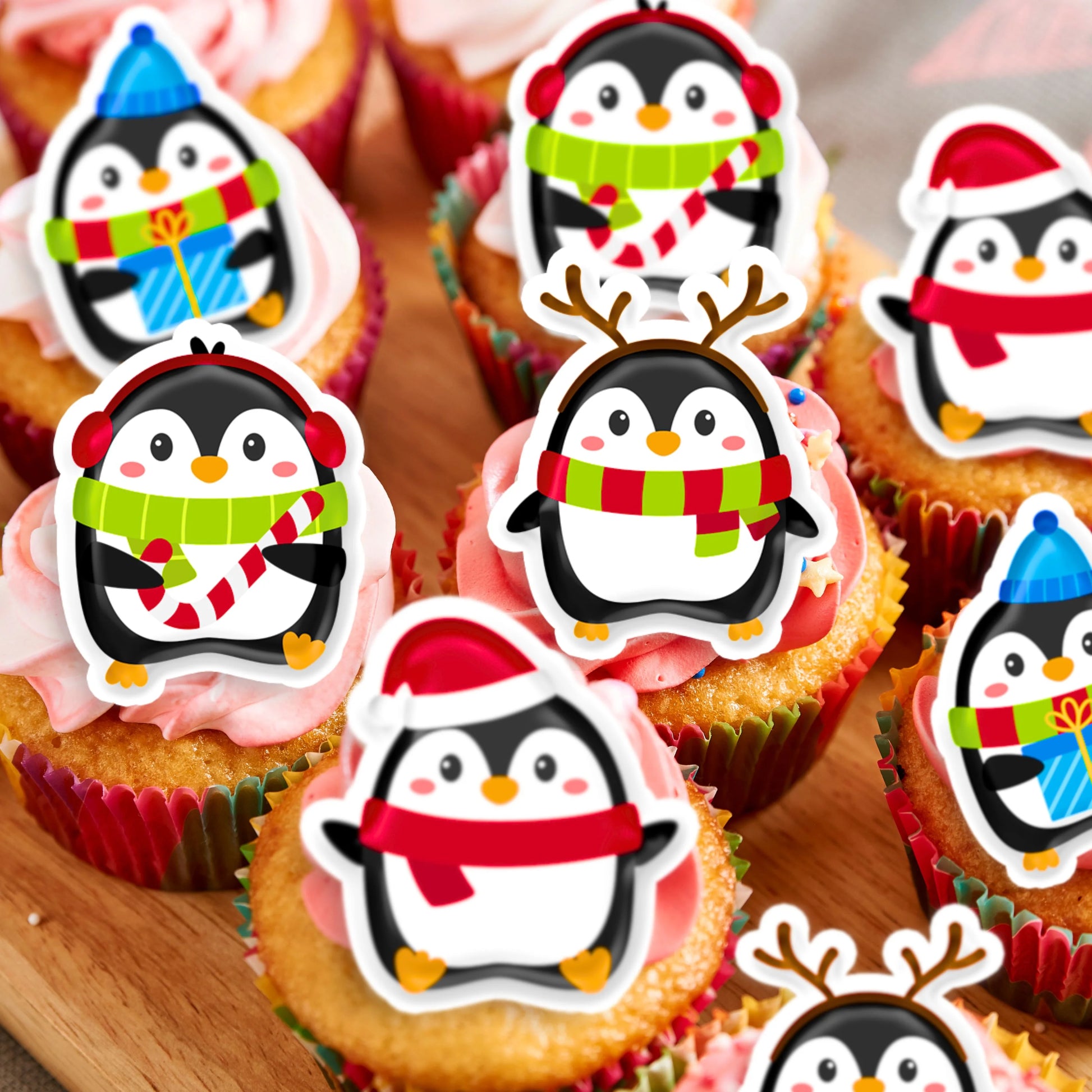 Cute Penguin Edible Cupcake Toppers on cupcakes with pink frosting 