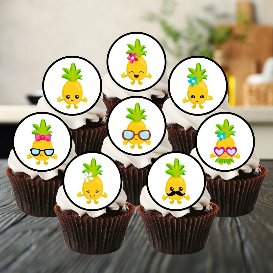 Pineapple Edible Cupcake Toppers on chocolate cupcakes with white frosting