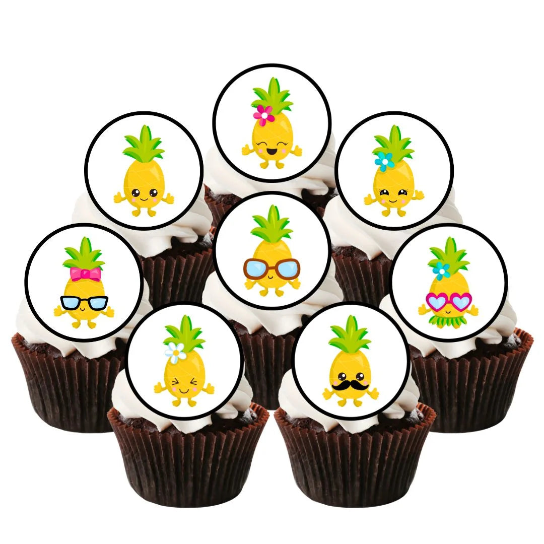 Pineapple Edible Cupcake Toppers on chocolate cupcakes with white frosting 