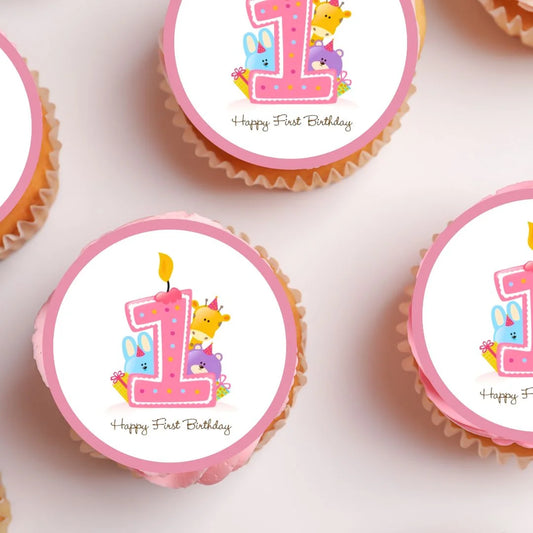 1st Birthday Pink Edible Cupcake Toppers