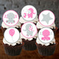 six Chocolate cupcakes with white frosting and Pink Elephant Baby Shower Cupcake Toppers