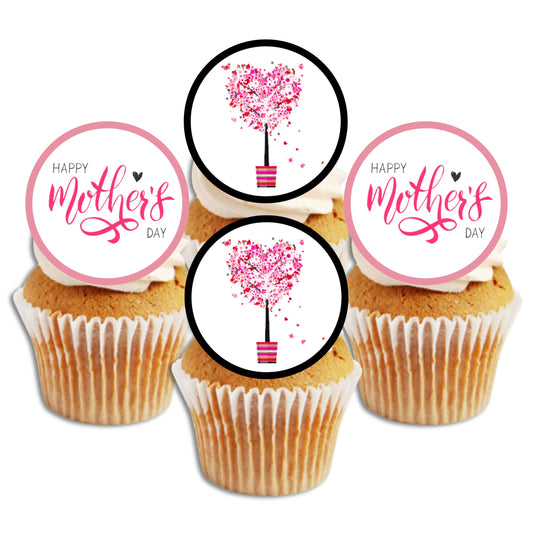 pink Mothers Day Edible Cupcake Toppers on white frosted cupcakes