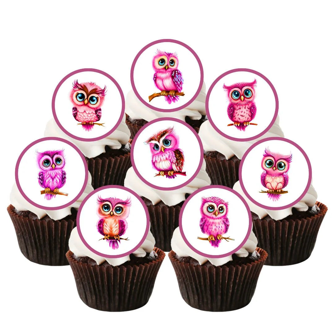 cupcakes with white frosting and illustrated cute pink owl cupcake toppers. 