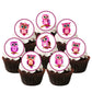 cupcakes with white frosting and illustrated cute pink owl cupcake toppers. 