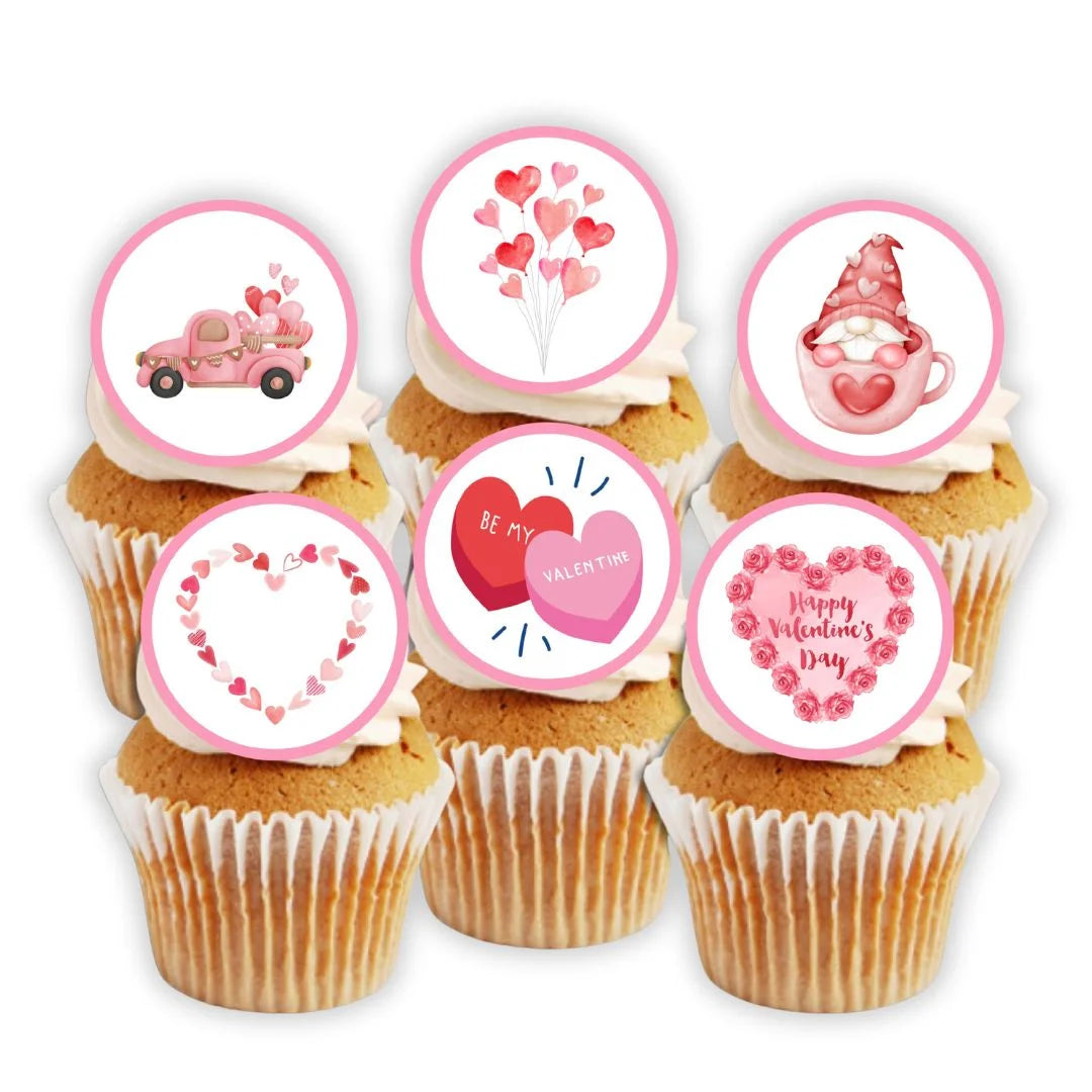 Pink Valentines Day Edible Cupcake Toppers on white frosted cupcakes 