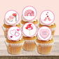 Pink Valentines Day Edible Cupcake Toppers on white frosted cupcakes 