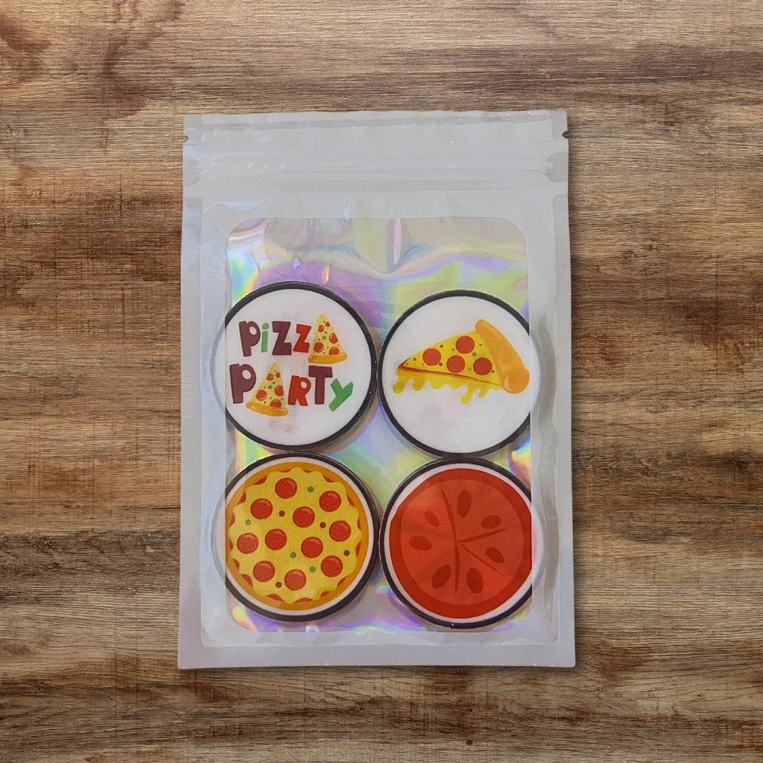 Pizza Party Edible Cupcake Toppers in white plastic packaging 