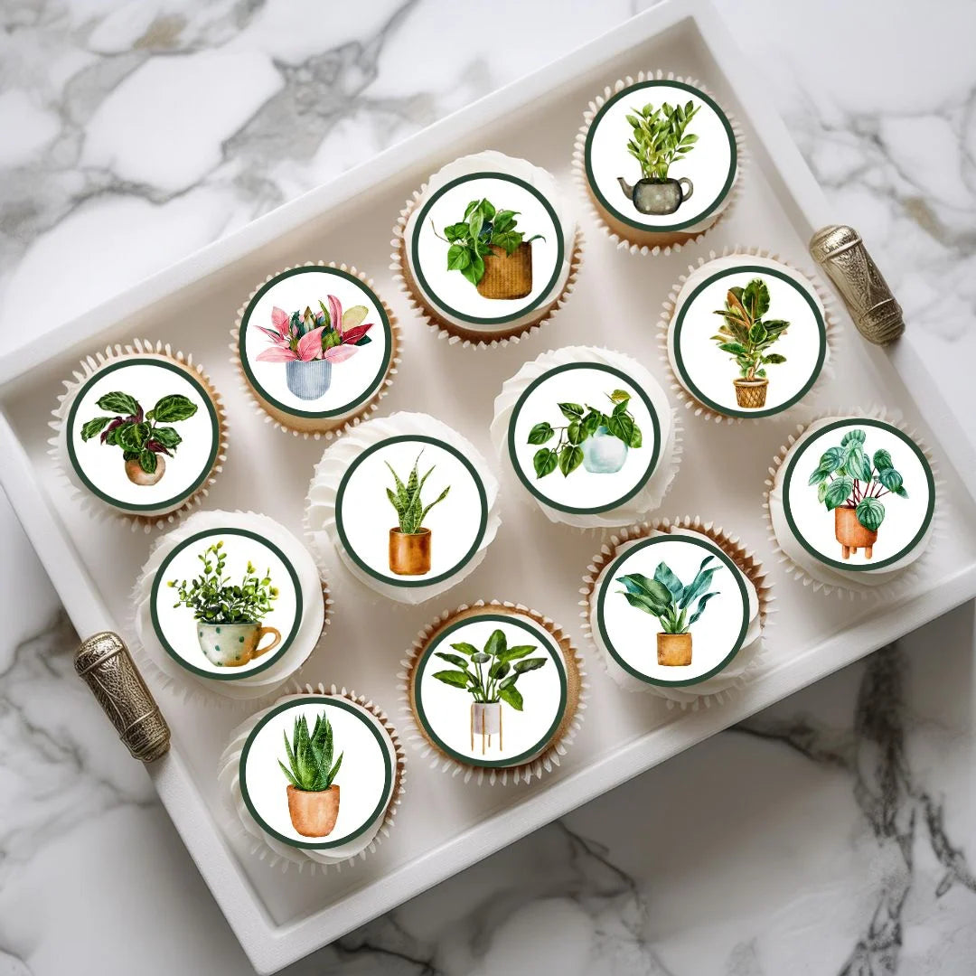 Plants Theme Edible Cupcake Toppers on frosted cupcakes
