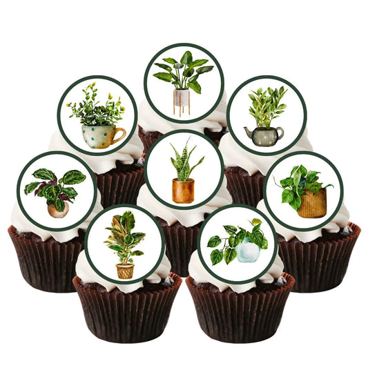 Plants Theme Edible Cupcake Toppers on chocolate cupcakes with white frosting 