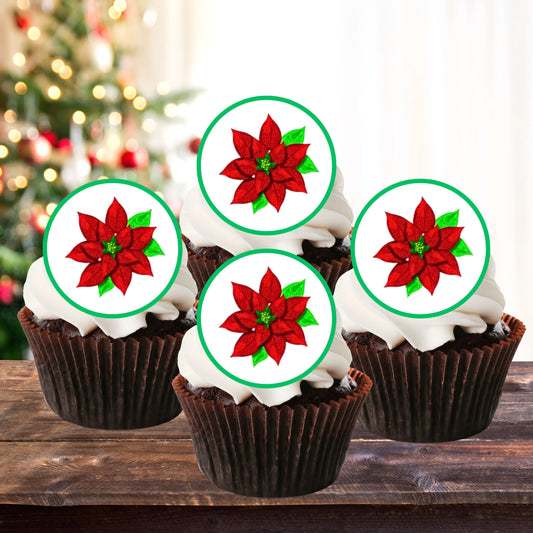 Christmas Poinsettia Cupcake Toppers on chocolate cupcakes with white frosting 