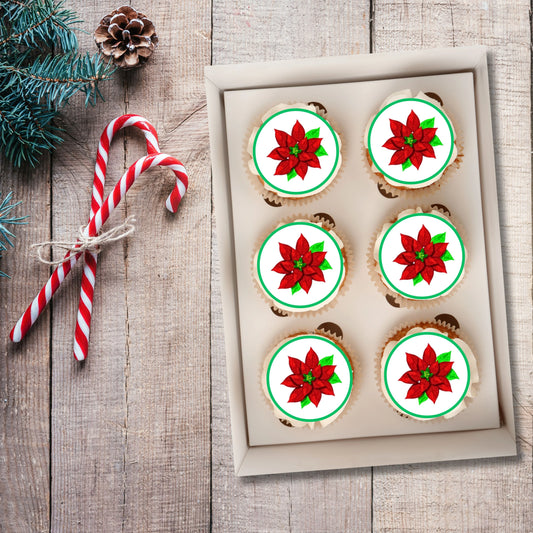 Christmas Poinsettia Cupcake Toppers on chocolate cupcakes with white frosting 