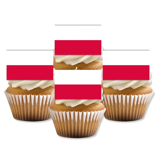 Poland Flag Edible Cupcake Toppers on white frosted cupcakes 