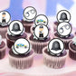 police themed edible cupcake toppers with illustrations of police officers, police cars and accessories. The toppers are on chocolate cupcakes with white frosting.