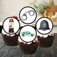 police themed edible cupcake toppers with illustrations of police officers, police cars and accessories. The toppers are on chocolate cupcakes with white frosting.