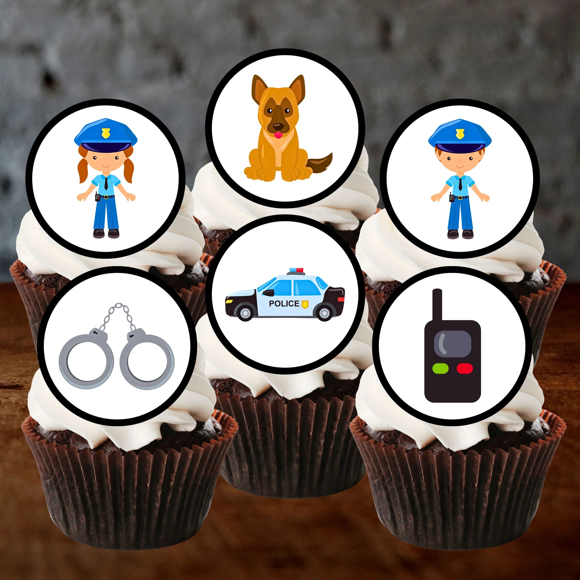 Police Sheriff Edible Cupcake Toppers with cute police themed illustrations on white frosted cupcakes 