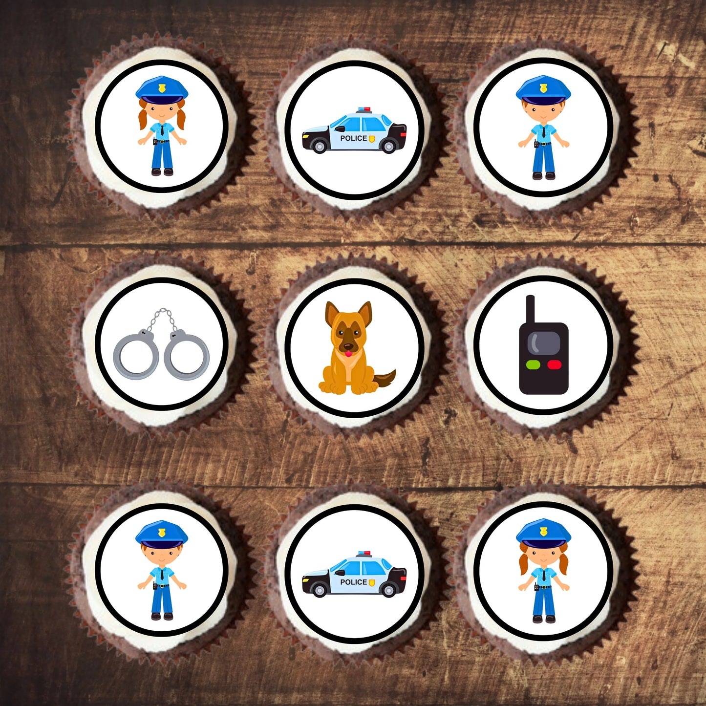 Police Sheriff Edible Cupcake Toppers with cute police themed illustrations on white frosted cupcakes 