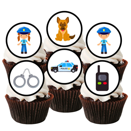 Police Sheriff Edible Cupcake Toppers with cute police themed illustrations on white frosted cupcakes 