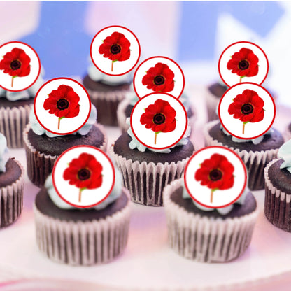 Poppy Flower Edible Cupcake Toppers on chocolate cupcakes with white frosting