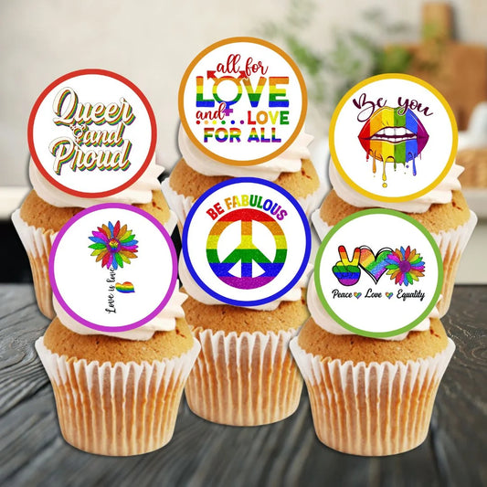 LGBTQ Theme Edible Cupcake Toppers on white frosted cupcakes 