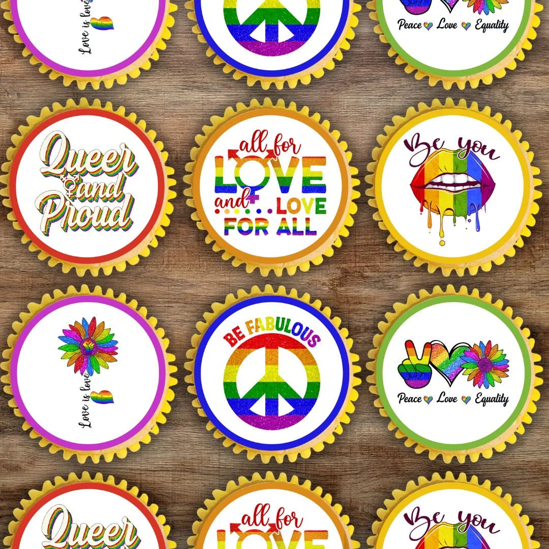 LGBTQ Theme Edible Cupcake Toppers on white frosted cupcakes 